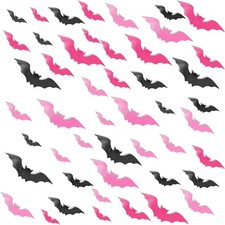 Indoor Spooky Theme, 3D Halloween Wall Bats Decor - 48 Pink PVC Bats Stickers