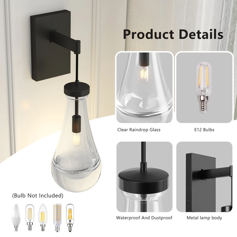 2 Pack LED Modern Wall Light Black Raindrop Clear Glass indoor Sconce Fixture UL - Image 3 of 4