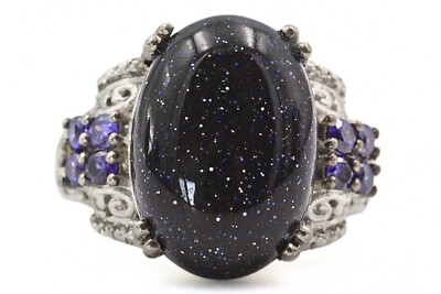 STS Karis Signed Blue Sandstone Cab CZ Rhodium Plate Ring Sz 8