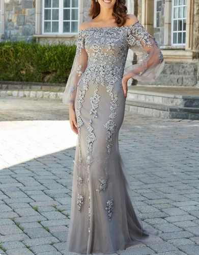 Elegantes schulterfreies Brautmutterkleid für Hochzeit glitzernde Kleider - Bild 2 von 11