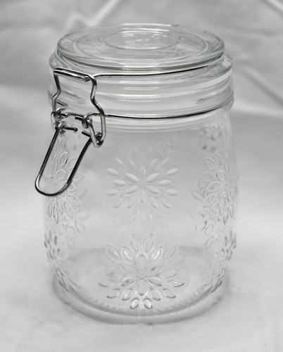 Clear Glass Floral Pattern Mason Clamp Jar - Picture 1 of 10