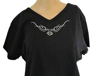 Harley Davidson SS Shirt Black Textured Embroidered Scroll Vee Chest42 Womens L
