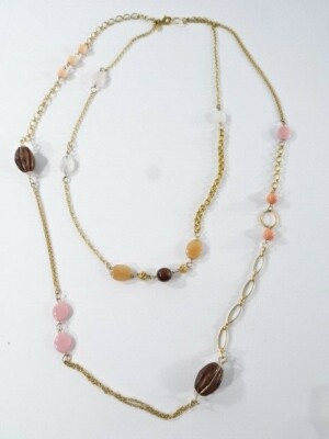 Lee Angel Resin Stone Bead Wood Charm Two Layer Necklace NIP 150