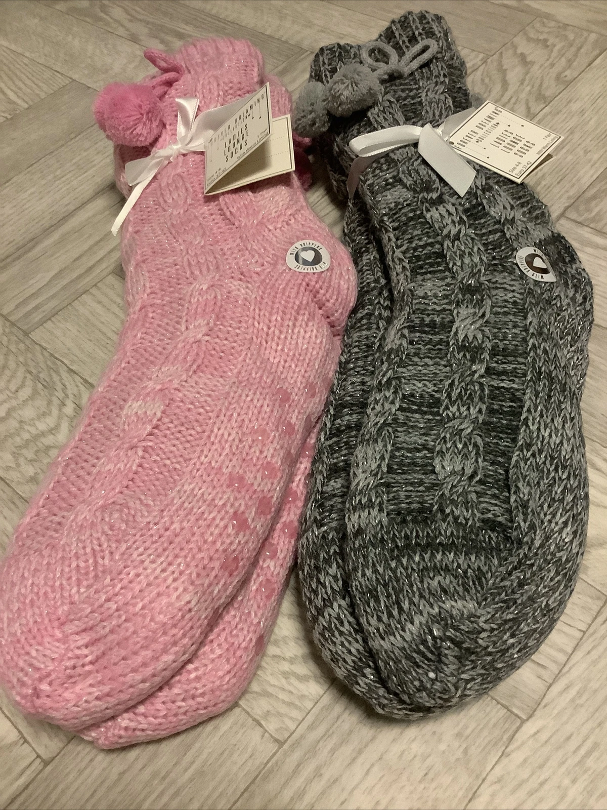 2 PAIR LADIES LOUNGE SOCKS THERMAL LINED WINTER GRIPPER SOLE WOMANS SLIPPER 4- 8