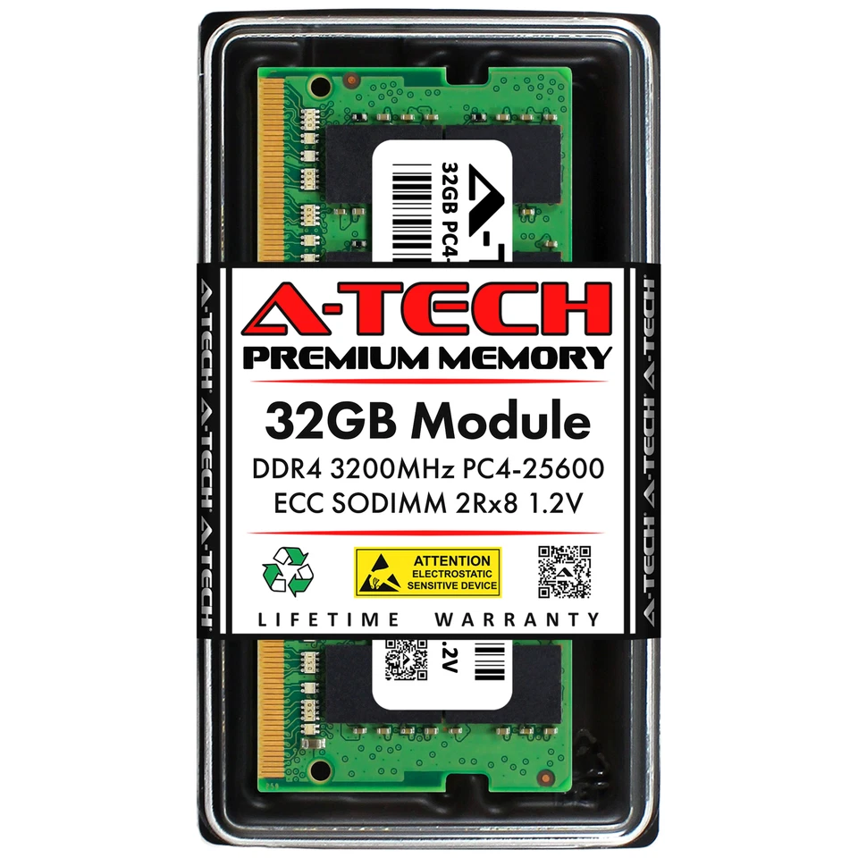 A-Tech 32GB DDR4 3200 MHz ECC SODIMM PC4-25600 260-Pin Unbuffered NAS Arbeitsspeicher RAM
