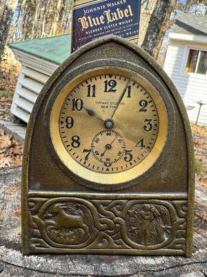 Antique Early 20c Tiffany Studios NY Dark Bronze ZODIAC Clock W