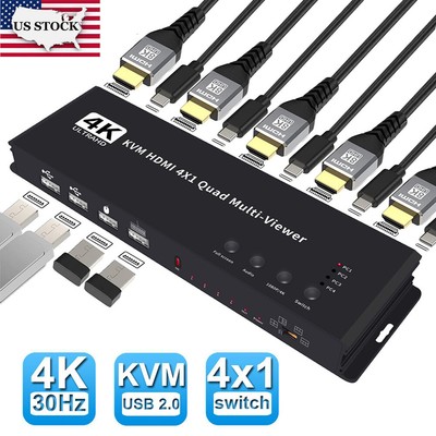 HDMI KVM Switch 4x1 Quad Multi Viewer 4 In 1 Out for 4 PC Share Mouse Keyboard
