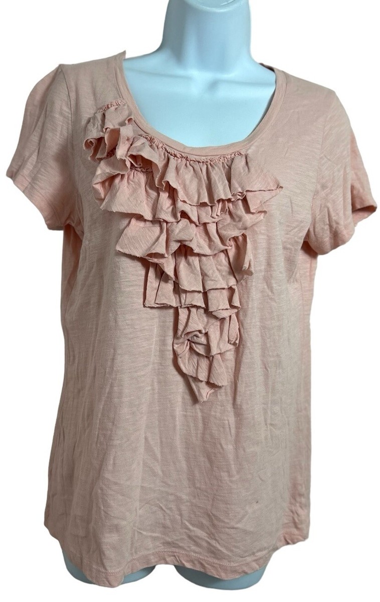 ハンドメイドv Merona Blush Pink Top Sz Medium Ruffled Front Short Sleeve Blouse