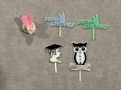 Vintage Spring Easter Greetings & Graduation Owl Hard Plastic Cake Toppers-Lot 5