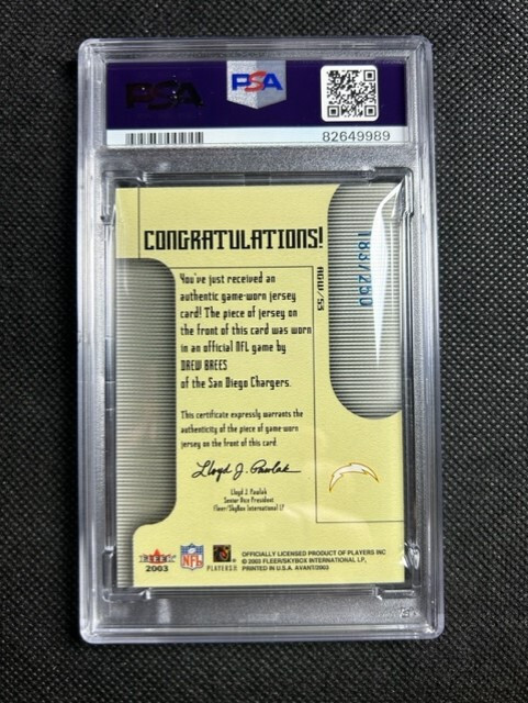 2003 Drew Brees Fleer Avant Materials Blue Game Used GU Jersey /250 PSA 9 MINT view 2