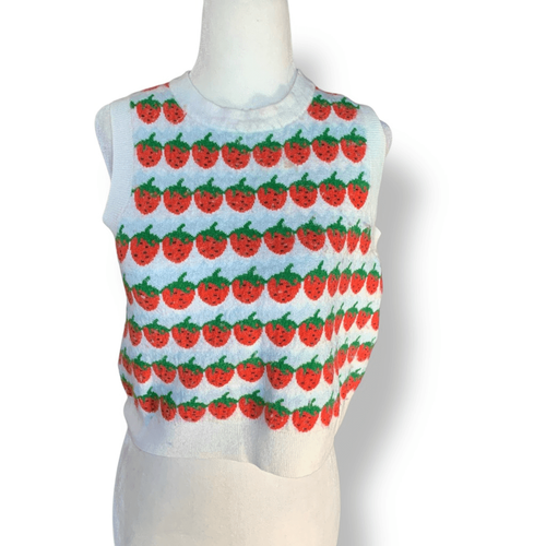 Levi’s Sweetie Strawberry Knit Sweater Vest Red Green White Printed Crewneck