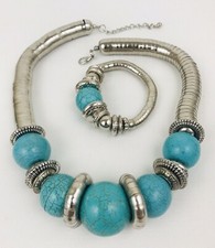 Oversized Boho Southwest Style Faux Turquoise Bead Necklace Set Chunky Statement