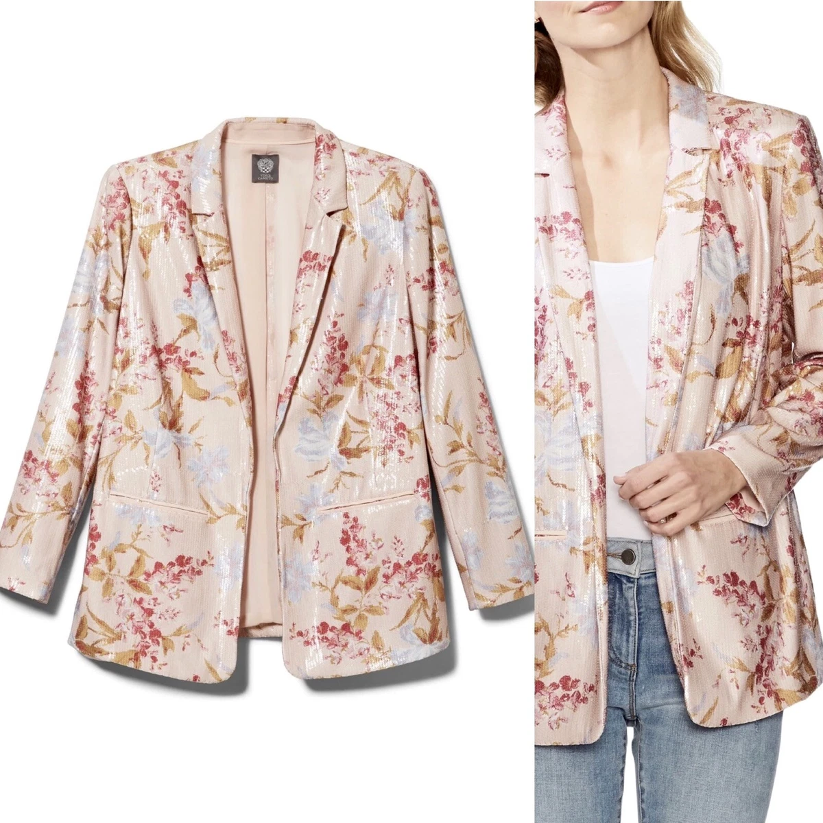New VINCE CAMUTO Graceful Sequin Floral Open Blazer Peach