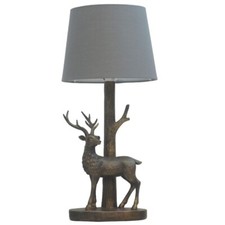 Antique Gold Sika Deer Stag Table Lamp with Grey Tapered Shade 44cm