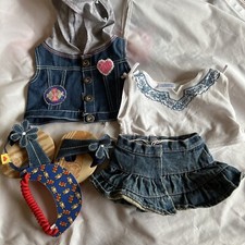 Build A Bear clothing Outfit. Hooded Vest, Top, Sandals, Ruffled Jeans, Visor