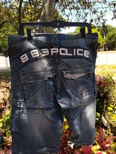 🔥883 Police Men’s Washed Blue Denim Cargo Utility Shorts Pockets 90s Y2K - 36in
