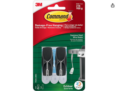 Command Outdoor Medium Black Wire Toggle Hooks, 2 Hooks and 3 Strips, Damage-Fre