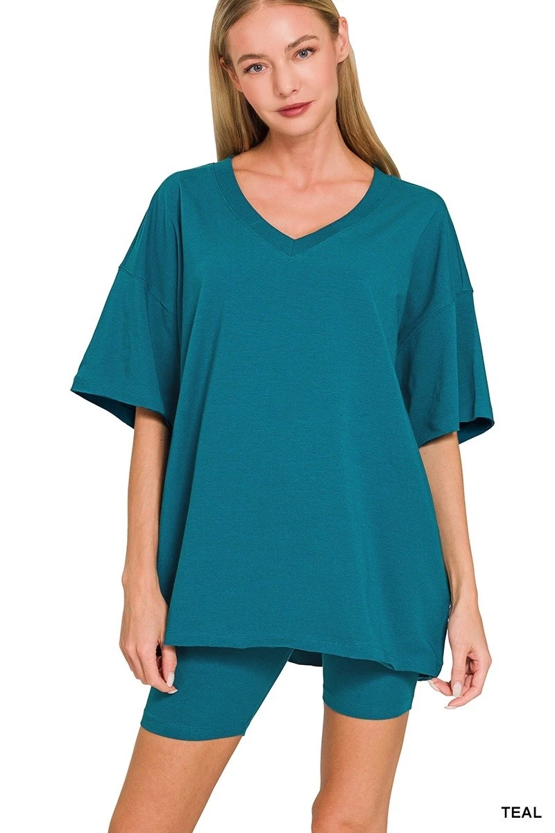 ZENANA - COTTON V-NECK TOP & BIKER SHORTS SET - TEAL - S
Opens in a new window or tab