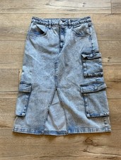 Wild Fable Denim Skirt Women's Size L Blue Wash Distressed Frayed Hem Slit Fron