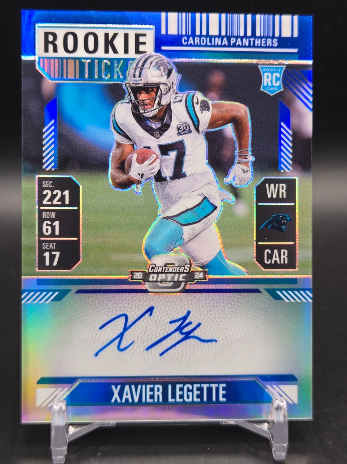 2024 Panini Contenders Optic Rookie Ticket Auto Blue, Xavier Legette 22/75