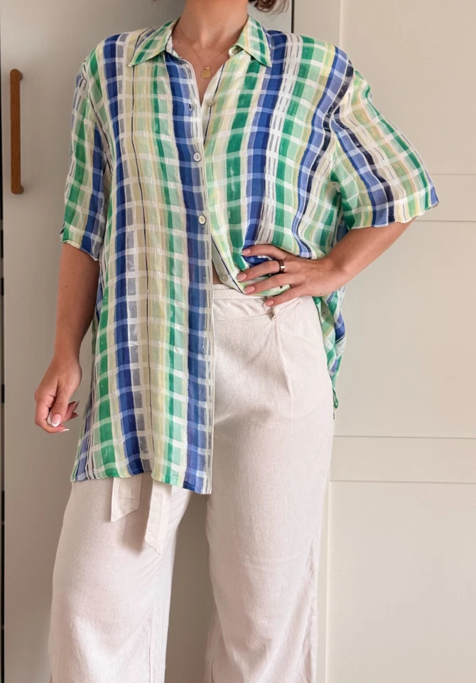 Vintage Oversize Sommerbluse XL | Blau Grün kariert | Urlaub | Beach | Bonita - Bild 4 von 4