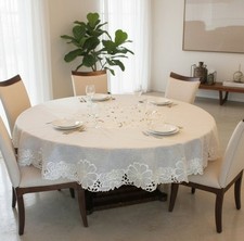 Ivory Sheer Floral Embroidered Cutwork Tablecloth by Decorating Touch 90'' Round