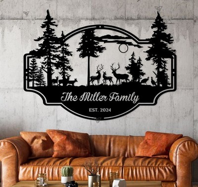 Custom Deer Forest Metal Sign, Personalized Deer Family Name Sign, Farm Sign