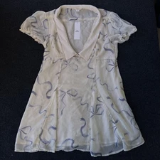 Kimchi Blue Dress Womens XL White Blue Bow Print Sheer Chiffon Collared Mini