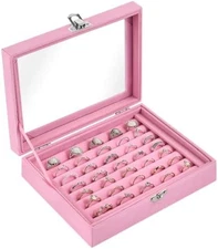 Velvet Jewelry Ring Organizer Box 7 Slots with Glass Lid