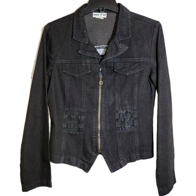 David David Black Denim Jean Jacket Size M Zip Pockets Mesh Detail Goth Biker