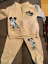 Disney Mickey Mouse 2pc Beige Fleece Zip Sweatshirt  Pants Set 18M