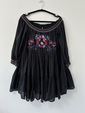 FREE PEOPLE Sunbeams Embroidered Tunic Dress LARGE Black OB816795 Boho Festival