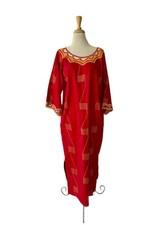 Vtg African Red Gold Embroidered Caftan Maxi Dress OS Sz XL Ceremonial Lounge