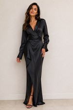 Xscape Black Satin Shirtdress Gown Size 8 Long Sleeve Formal $288 NEW Wedding