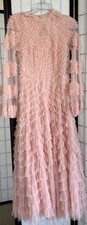 Mac Duggal Pink Tulle Gown W Ruffles, High Neck, Puff Long Sleeves Sz 6 Limited