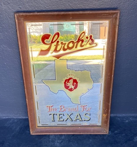 Vintage TEXAS Stroh's Beer Mirror The Brand For TEXAS Sign Wood Framed State
