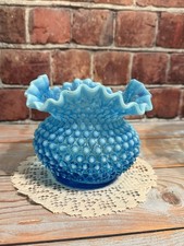 VTG Fenton blue opalescent hobnail ruffled art glass vase. Approx 5 x6
