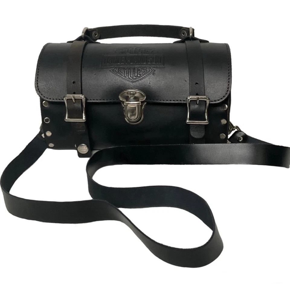 ⚡️Vintage Harley-Davidson Cuero Negro Barril Sillín Motocicleta Bolso de Mano Cartera⚡️ Foto 3 de 4