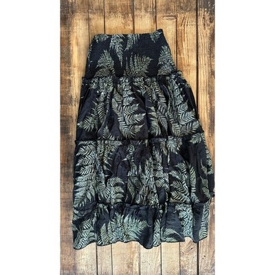 ee:some Fern Leaf Print Smocked Tiered Midi Skirt Black Green Boho Womens Small