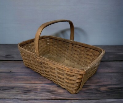 19TH C OAK? SPLINT BASKET & PATINA 26” LARGE GATHERING PEACH GARDENING ...