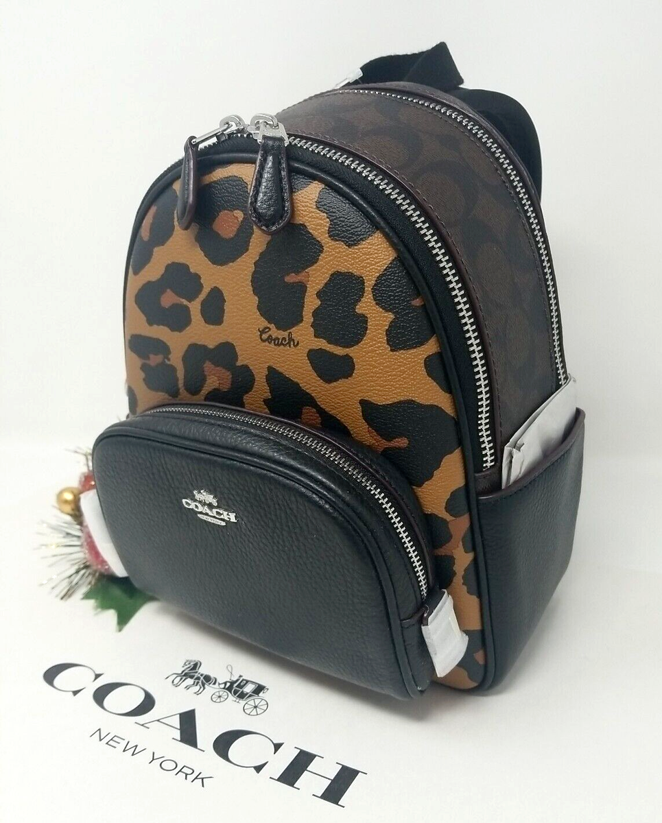 🐆COACH Mini Court Backpack In Black/Brown Leopard Print Unisex