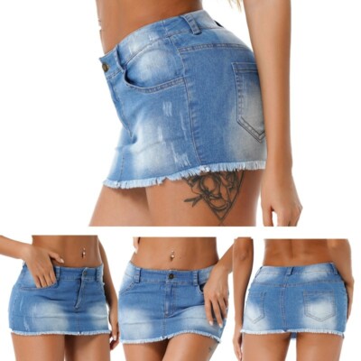 Damen Kurzer Jeansrock Mini-Rock Mit Reißverschluss Destroyed-Look Denim Skirt
