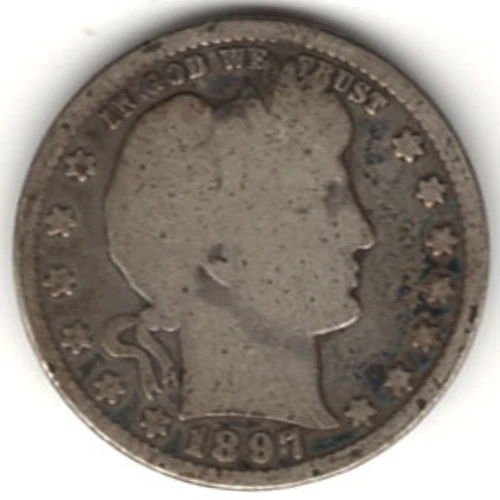 1897 BARBER QUARTER in GOOD + condition ~ FULL RIMS ~ SEE THE SCAN     stk b8501