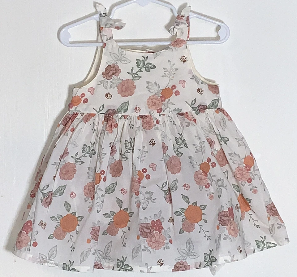H&M Bebé Niña 18M Solero Marfil con Naranja Verde Flores Botones Traseros Nuevo con Etiquetas Foto 2 de 4