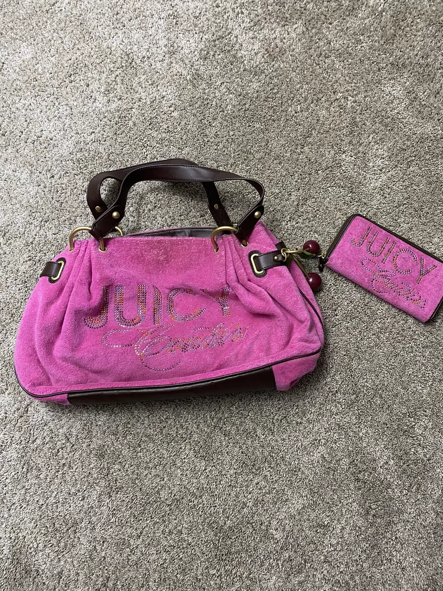VINTAGE JUICY COUTURE Tote And Wallet Pink Terry Cloth With Cherry Charms Y2K