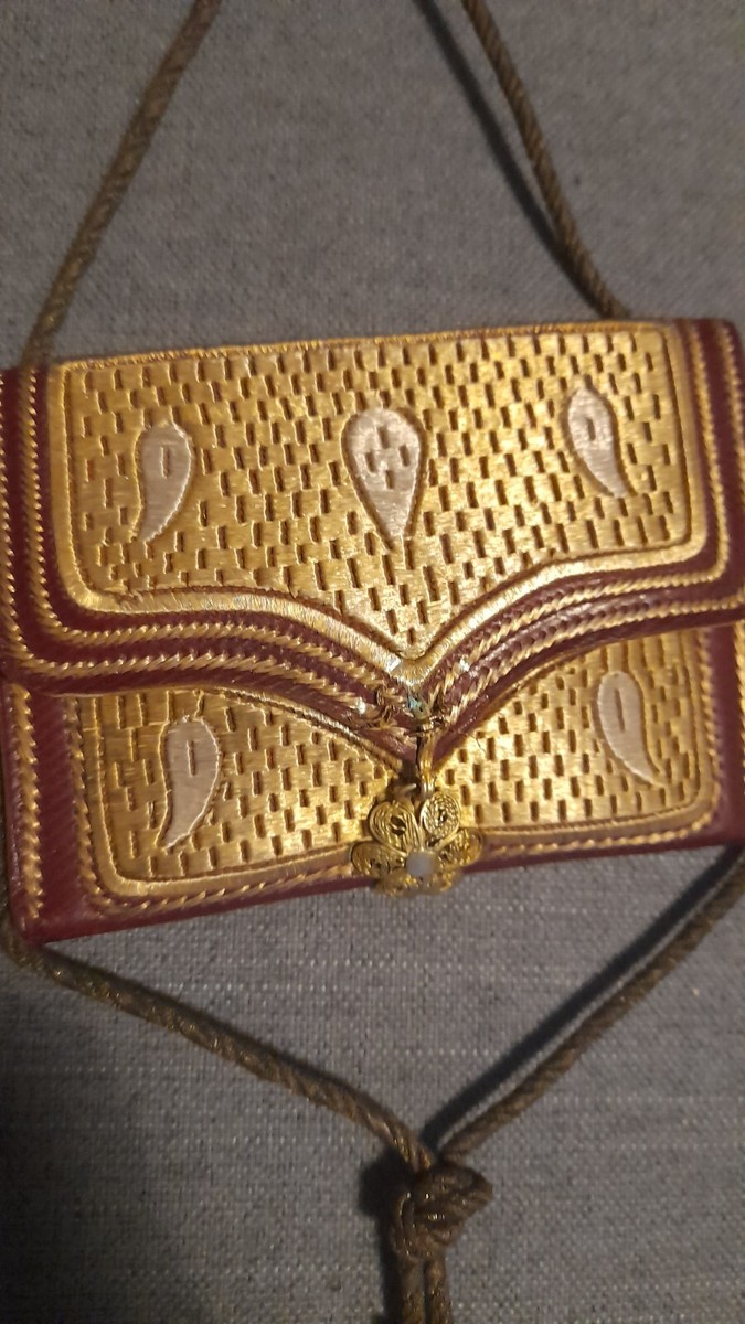 Portefeuille/Mini Porte-Monnaie Ottoman Antique - Velours Et Cuir Brodé Fil Doré - 10x7cm - Occasion
