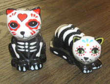 Dawn Day of the Dead Cat Salt & Pepper Shakers Multi Colored Ceramic Skeletons