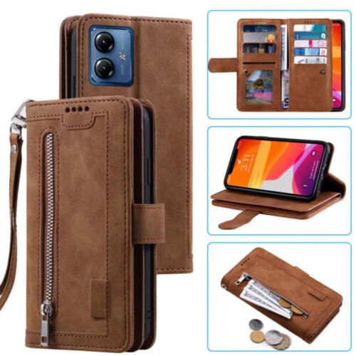 For Motorola Moto G14 Wallet Case,Leather Zipper Magnetic Flip Card Phone Case - Afbeelding 1 van 26