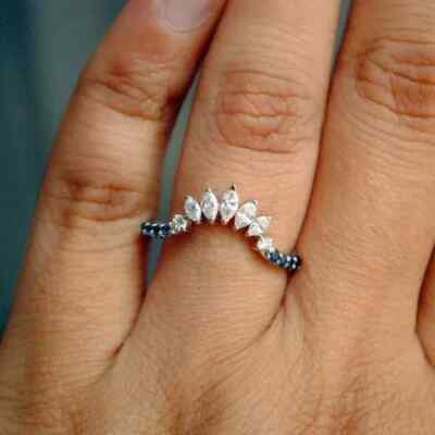 Lab Created Diamond & Sapphire 2 Ct Curved Wedding Band 925 Sterling Silver Ring