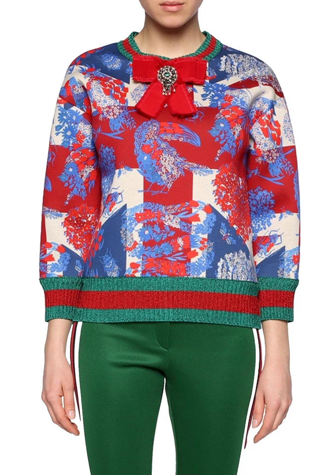 GUCCI GG Web Stripes Patterned Crystal Bow Pullover Sweater Jumper Sweatshirt M